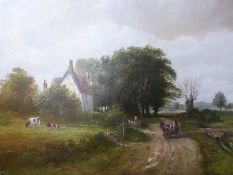 J.G. Mace (British 20th Century), A horse-drawn cart along a track next to a farmstead. Oil on