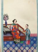 19th century folder containing six Chinese watercolours on rice paper, depicting family scenes of