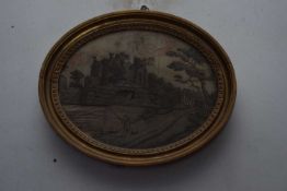 British 18th Century, Waltonian on a bank next to castle ruins . Oval textile print. 7x10ins