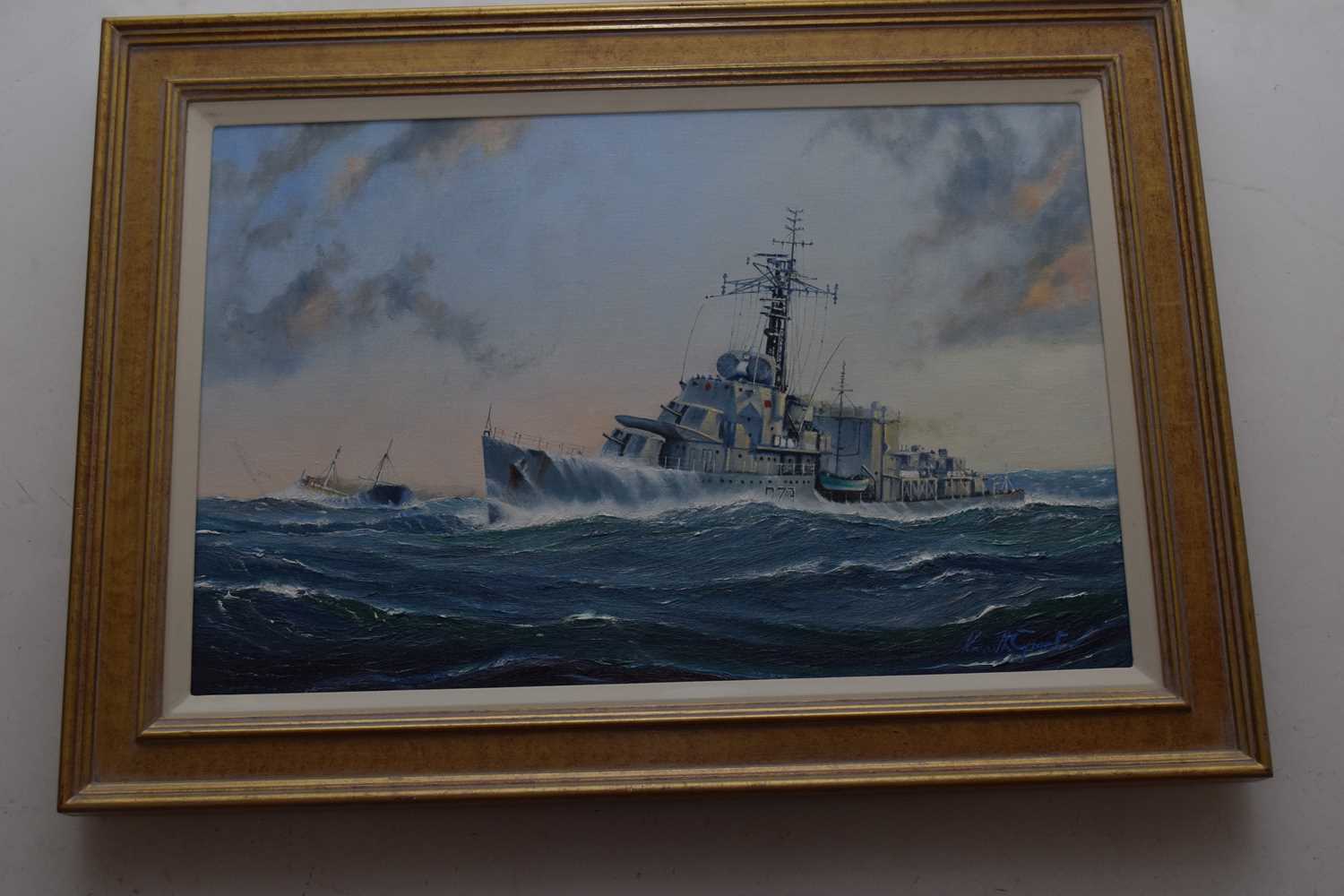 Kenneth Grant (British 20C) British WWII Warship H.M.S. Cavalier in an offshore swell. Oil on - Image 2 of 2