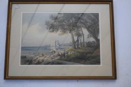 T. Contini, A Continental Coastal Fort. Watercolour, signed. 14x19ins