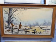 R. J. Scott (British 20th Century), Pheasants in a winter landscape. Oil on canvas, signed.