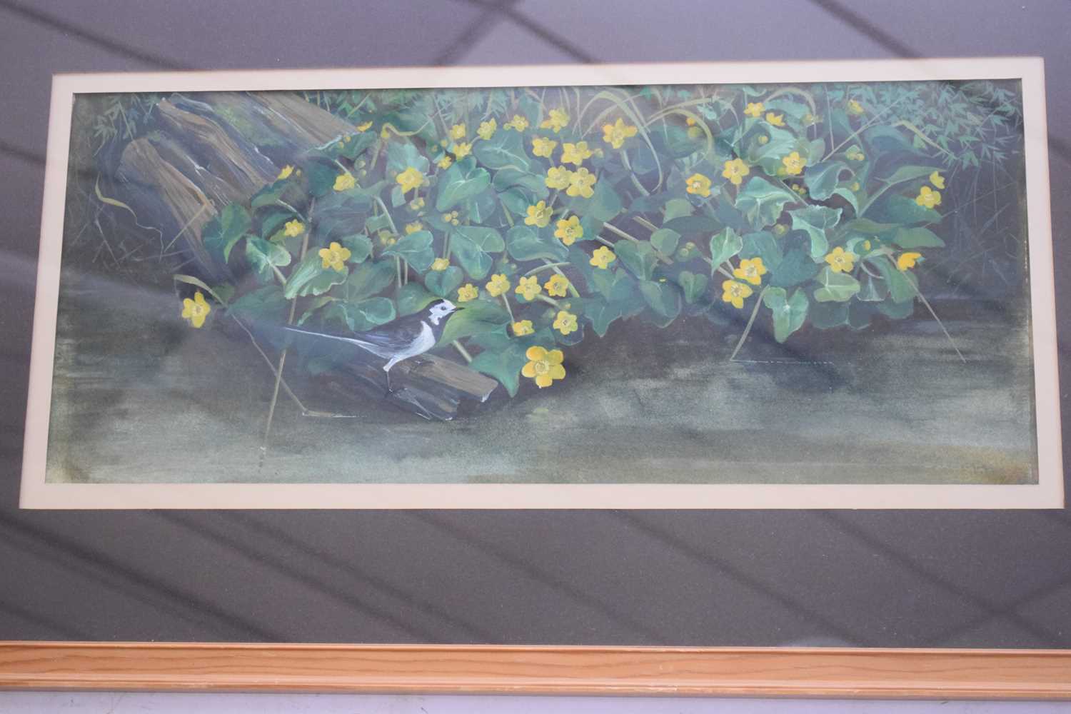 Michael Mogg (British 20th Century), 'Wagtail & Kingcups'. Gouache, signed. 9x21ins - Image 2 of 2