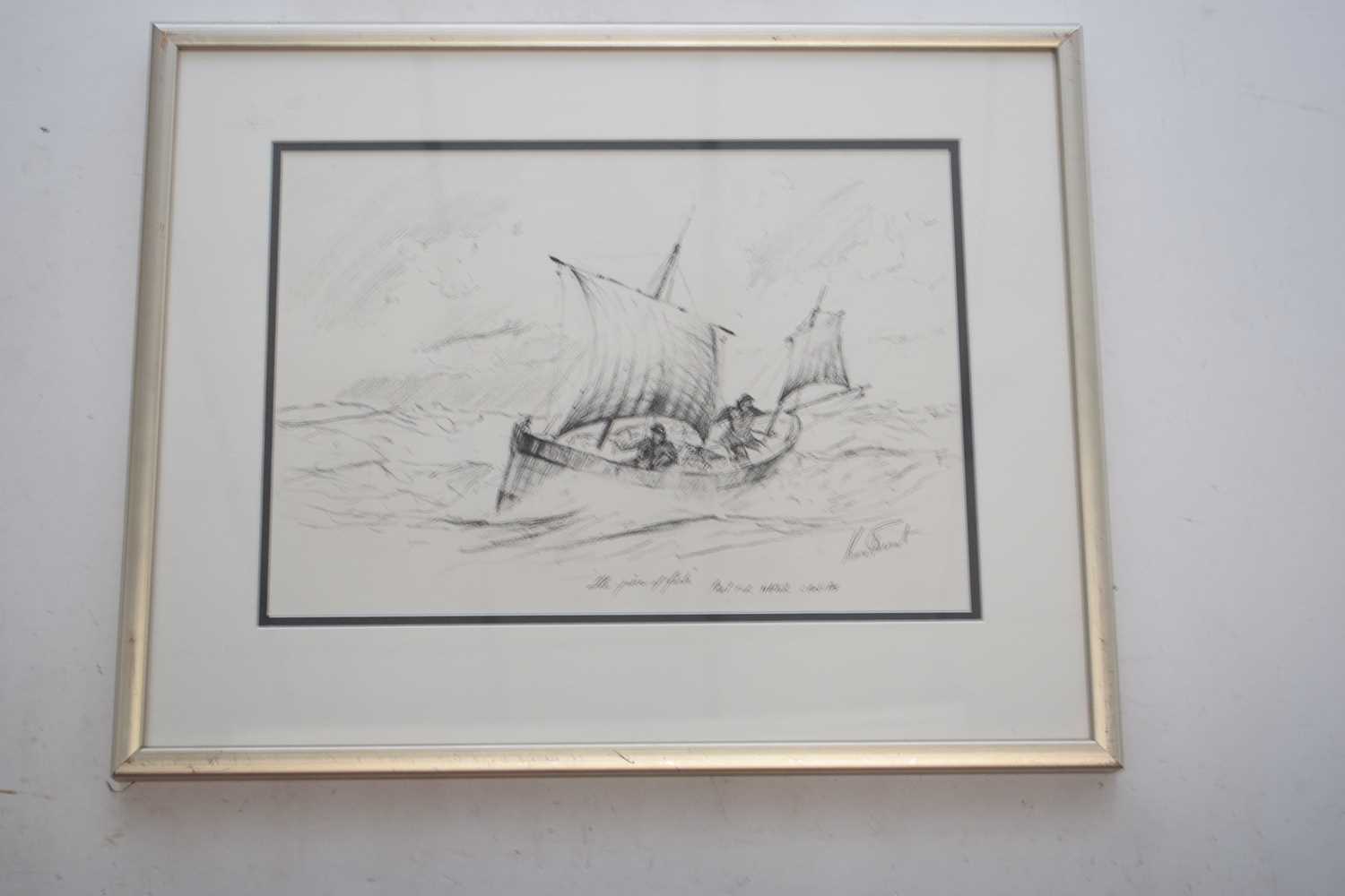 Kenneth Grant (British 20th Century), 'The price of fish' a study of a fishing boat in a heavy - Image 3 of 5