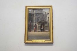 British, Early 20th Century, 2nd Life Guards at the Horse Guards, Whitehall. Oil on board.