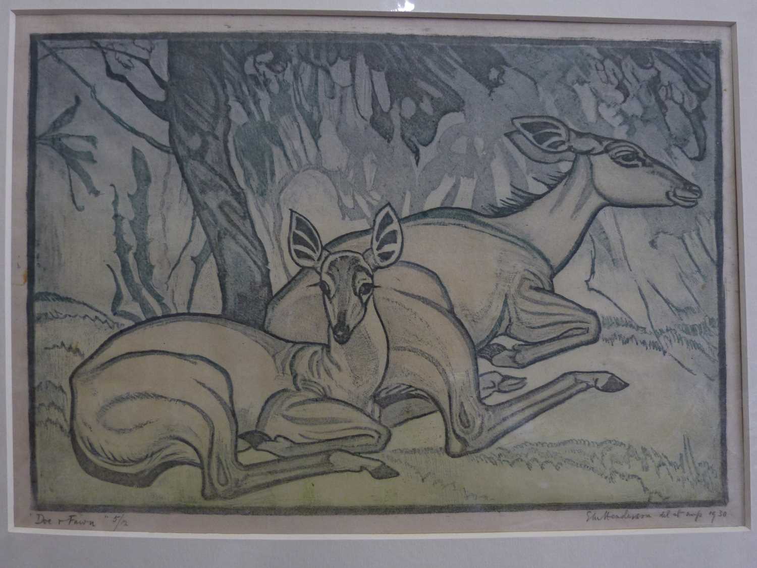 Elsie Henderson, ‘Fawn and Doe’. Colour lithograph. 9x13ins