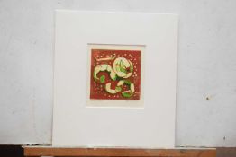 Elaine Nason (British Contemporary ), An unusual woodblock print of a peeled apple. Woodblock,