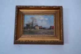 James Wright (British 19th Century), Farm Buildings . Oil on board signed. 4x7.5ins