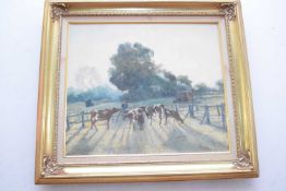 British School, 20th Century, A Farmer and Herd. Oil on canvas, indistinctly signed (bottom left).