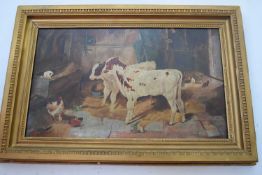 After W Hunt (British 20th Century), Cattle in an interior. Oil on canvas, indistinctly signed.