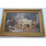 After W Hunt (British 20th Century), Cattle in an interior. Oil on canvas, indistinctly signed.