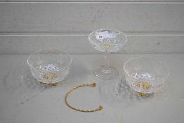 PAIR OF GLASS BOWLS WITH GILT METAL DECORATION TOGETHER WITH A SIMILAR SMALL PEDESTAL DISH (3)