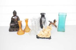 MIXED LOT COMPRISING VARIOUS GLASS CANDLESTICKS, GLASS VASES, RESIN BUDDHA MODELS ETC