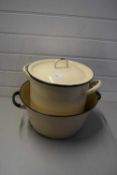 VINTAGE ENAMEL BREAD BIN AND A VINTAGE ENAMEL DOUBLE HANDLED PAN