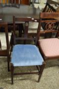 SMALL MAHOGANY FRAMED SIDE CHAIR WITH BLUE UPHOLSTERY