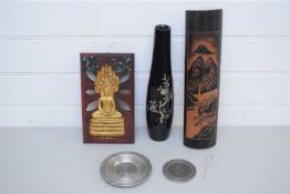 MIXED LOT OF ORIENTAL MOTHER OF PEARL AND BLACK LACQUERED INLAID VASE, ORIENTAL WALL PLAQUES, PEWTER