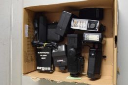 BOX OF VARIOUS CAMERA FLASHES