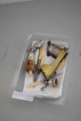 BOX OF MIXED ITEMS TO INCLUDE A VETERINARY FLEAM SET WITH BRASS MOUNTING, MANICURE ITEMS ETC