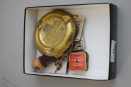 BOX OF MIXED ITEMS TO INCLUDE A PRENTISS'S FERTILISERS ADVERTISING BRASS ASHTRAY, A SILVER PLATED