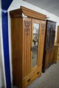 VICTORIAN SATINWOOD WARDROBE WITH SINGLE MIRRORED DOOR AND BASE DRAWER SEPARATED WITH CARVED