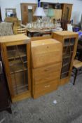 EARLY 20TH CENTURY LIGHT OAK BUREAU BOOKCASE CABINET WITH GLAZED SIDE SECTIONS, 135CM WIDE