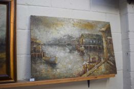 BARTON, STUDY OF HARBOUR SCENE WITH MOORED BOATS, OIL ON CANVAS, UNFRAMED, 90CM WIDE