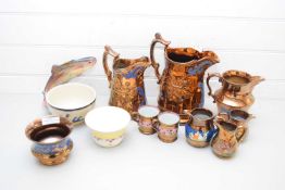 MIXED LOT OF VARIOUS VICTORIAN COPPER LUSTRE JUGS, A FURTHER MODEL TROUT AND OTHER WARES