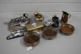 MIXED LOT OF SILVER PLATED WARES TO INCLUDE BOTTLE COASTERS, CRUET STAND, VARIOUS CUTLERY, SNUFFER