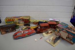 BOX OF VARIOUS MIXED VINTAGE TOYS TO INCLUDE A BOXED LOCAL SHUTTLE TRAIN SET, A BATTERY OPERATED