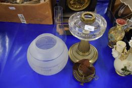 19TH CENTURY OIL LAMP WITH FROSTED GLASS SHADE, CLEAR GLASS FONT AND BRASS BASE