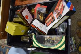 BOX OF MIXED TOY VEHICLES TO INCLUDE LONDON DOUBLE DECKER BUS, RANGE OF OTHER BUSES AND COACHES,