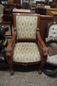 REPRODUCTION HARDWOOD ARMCHAIR WITH THE ARMS FORMED AS WINGED LIONS, 104CM HIGH