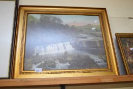 VINTAGE COLOURED PHOTOGRAPHIC PRINT OF FIGURES BY A WATERFALL, GILT FRAMED, 57CM WIDE