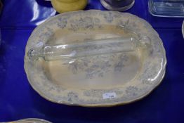 VICTORIAN ASIATIC PHEASANT PATTERN MEAT PLATE AND A GLASS ROLLING PIN