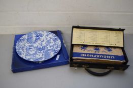 CASE OF LINGUAPHONE RECORDS TOGETHER WITH A DECORATED SPODE PLATE