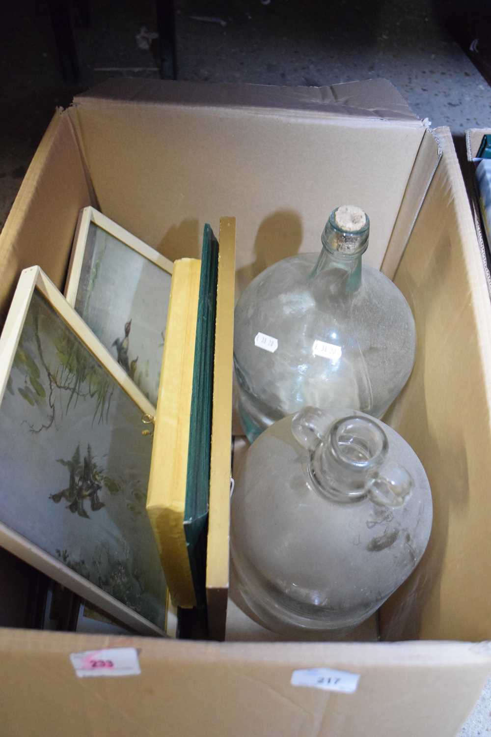 ONE BOX GLASS DEMI-JOHNS, ASSORTED PICTURES ETC