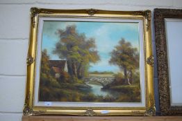 CONTEMPORARY SCHOOL, STUDY OF A COTTAGE BY A RIVERSIDE, OIL ON CANVAS, GILT FRAMED, 75CM WIDE