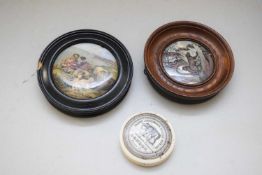 TWO FRAMED PRATT WARE POT LIDS TOGETHER WITH A JAMES ATKINSONS BEARS GREASE POT LID (3)