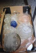 BOX OF GLASS BOWLS, DRESSING TABLE GLASS WARE ETC