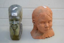 SHONA CARVED STONE HEAD TOGETHER WITH A FURTHER TERRACOTTA BUST