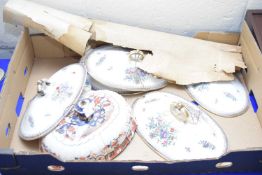 BOX OF MIXED ITEMS TO INCLUDE VARIOUS SOUP TUREEN LIDS, A STRAW TEDDY BEAR ETC