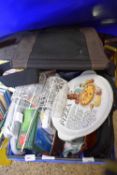 BOX OF HOUSEHOLD WARES, BAGS ETC