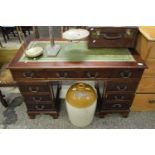 REPRODUCTION TWIN PEDESTAL MAHOGANY VENEERED DESK WITH GREEN LEATHER INSET TOP AND EIGHT DRAWERS,