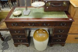 REPRODUCTION TWIN PEDESTAL MAHOGANY VENEERED DESK WITH GREEN LEATHER INSET TOP AND EIGHT DRAWERS,