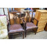 PAIR OF 19TH CENTURY MAHOGANY CARVER CHAIRS WITH PIERCED SPLAT BACKS AND LEATHER UPHOLSTERED