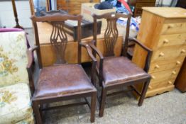 PAIR OF 19TH CENTURY MAHOGANY CARVER CHAIRS WITH PIERCED SPLAT BACKS AND LEATHER UPHOLSTERED