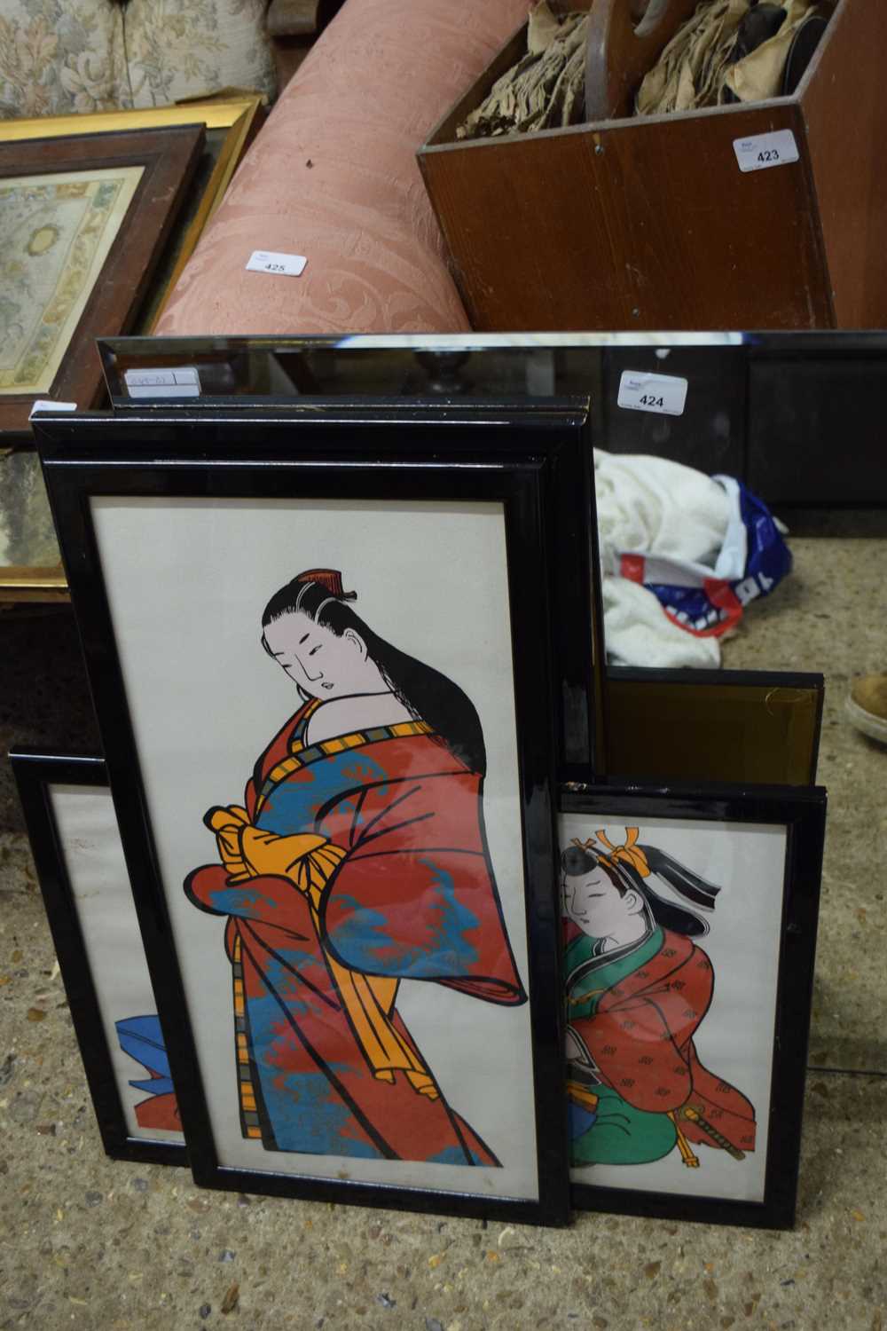 THREE FRAMED STUDIES OF GEISHA GIRLS TOGETHER WITH A BEVELLED WALL MIRROR (4)