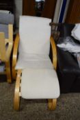 IKEA ARMCHAIR AND FOOTSTOOL IN PALE FABRIC