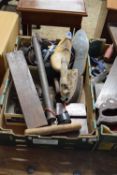 ONE BOX MIXED ITEMS TO INCLUDE VINTAGE IRONS, KEYS, BOOT STRETCHERS ETC