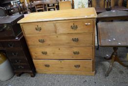 LATE 19TH/EARLY 20TH CENTURY STAINED PINE FIVE-DRAWER CHEST WITH BRASS HANDLES, 106CM WIDE